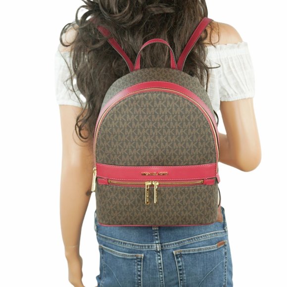 Michael Kors Kenly Medium Backpack PVC Leather MK Brown Berry - Picture 1 of 11